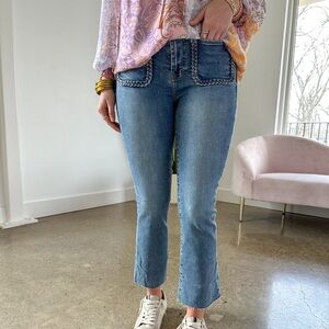 Dear John Boutique Blue front Stretch Beaded Trim Pocket Jeanne Flare Jeans 27